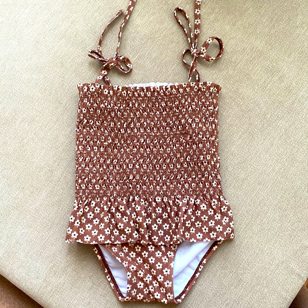 Rylee + Cru Brown Floral Kids Swimsuit
